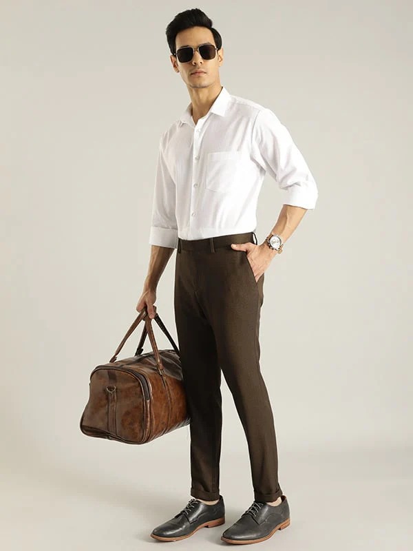 Indian Terrain Men's Comfort Fit Self Design Brown Trousers